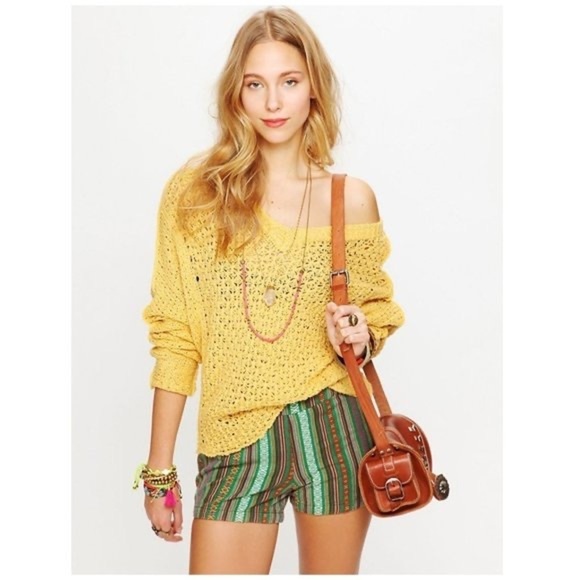 Free People Yellow Oversized Open Knit Laguna Coast Pullover V-Neck Sweater Sz S - Picture 1 of 10